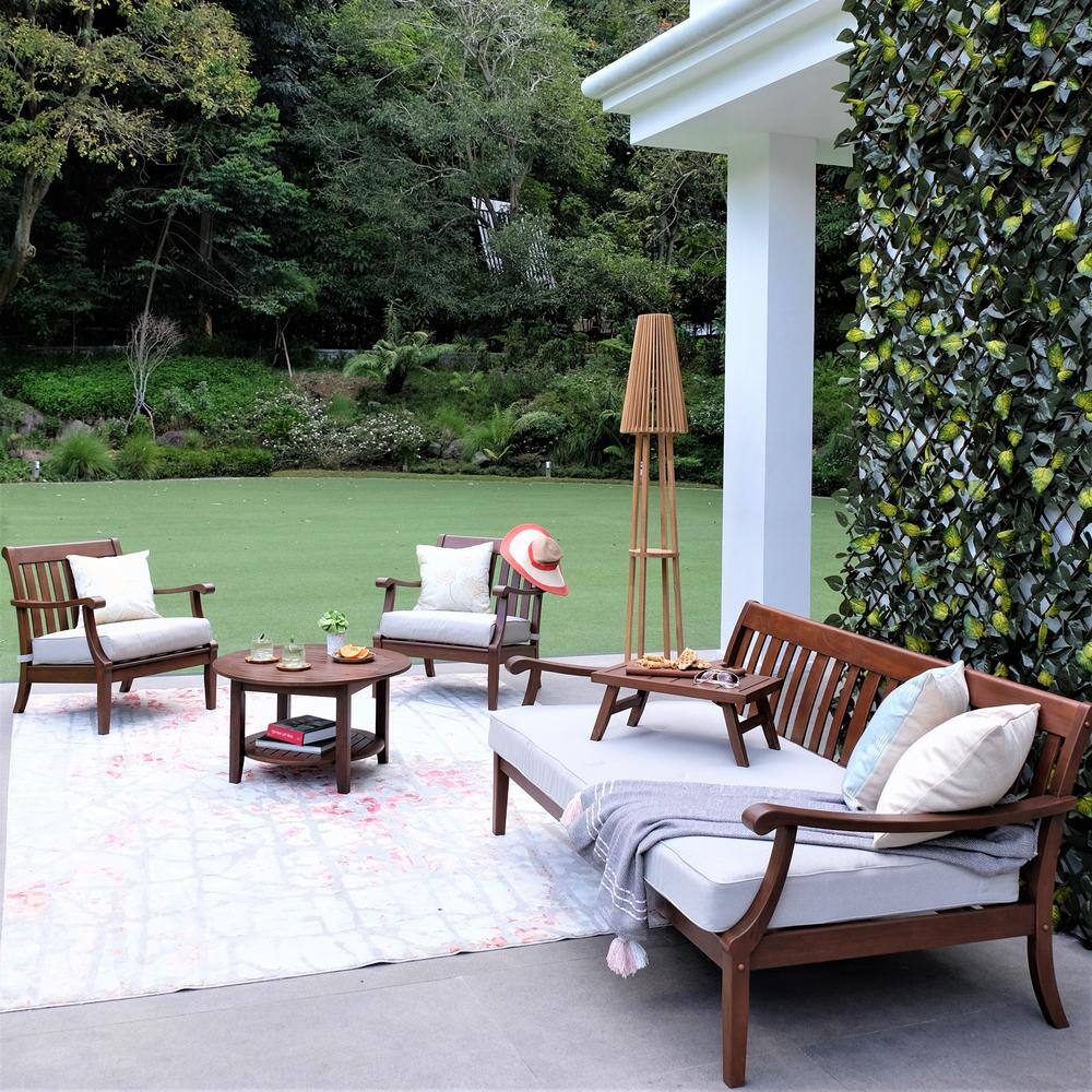 None Wales 4-Piece Wood Patio Conversation Set with Oyster Cushion