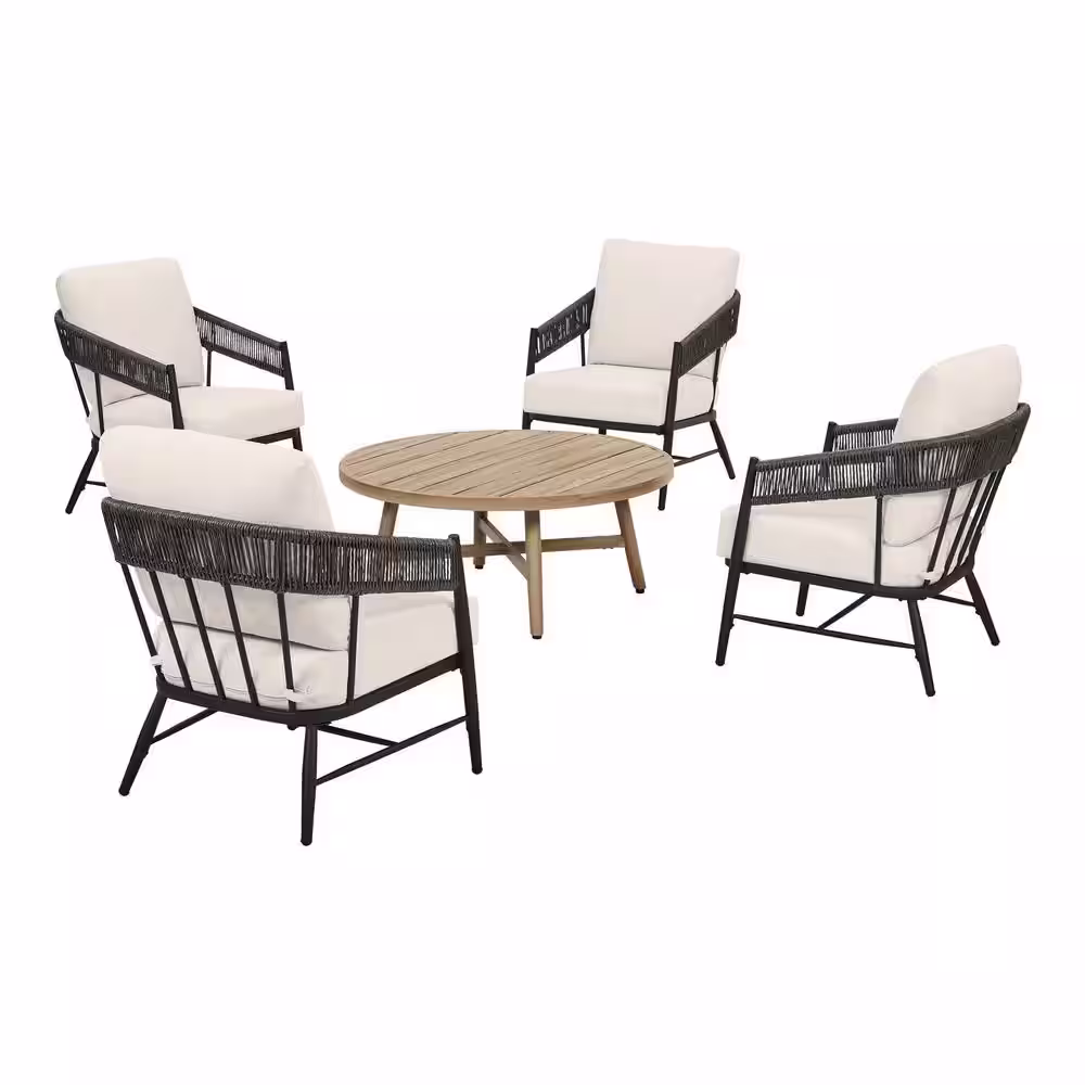 Hampton Bay Aspenwood 5-Piece Wicker Patio Chat Set with White Cushion