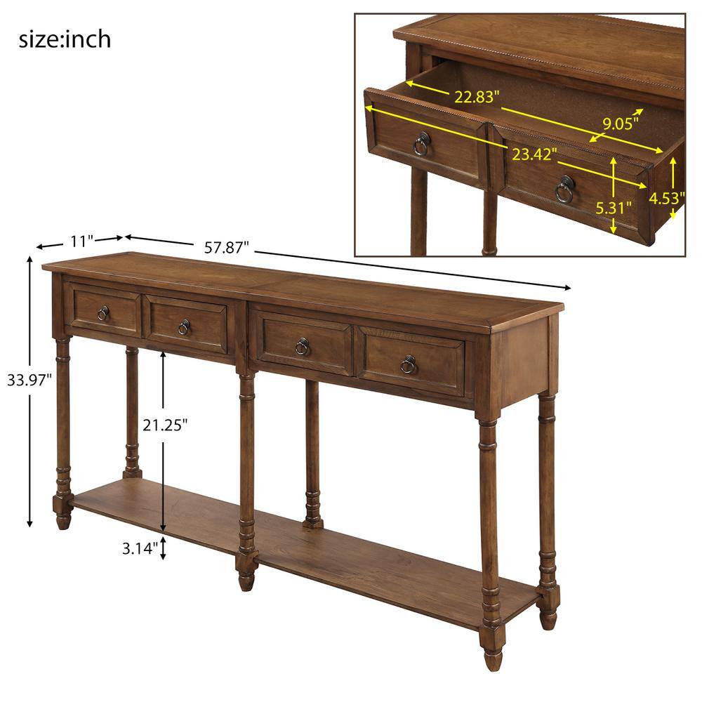 Harper & Bright Designs 58 in. Brown Standard Rectangle Wood Console Table with Drawers