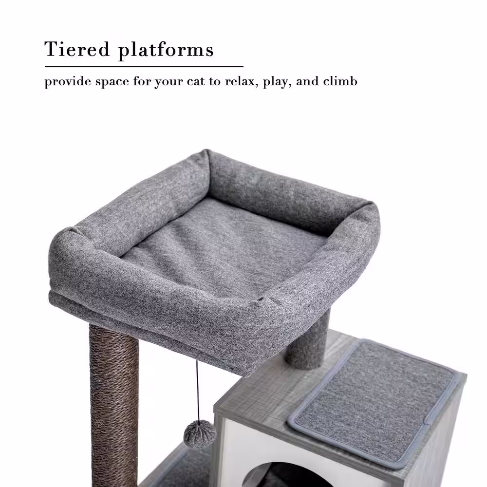 None 35 in. H Cat Tree Cat Tower with Condo, Perch, and Replaceable Dangling Ball in Gray