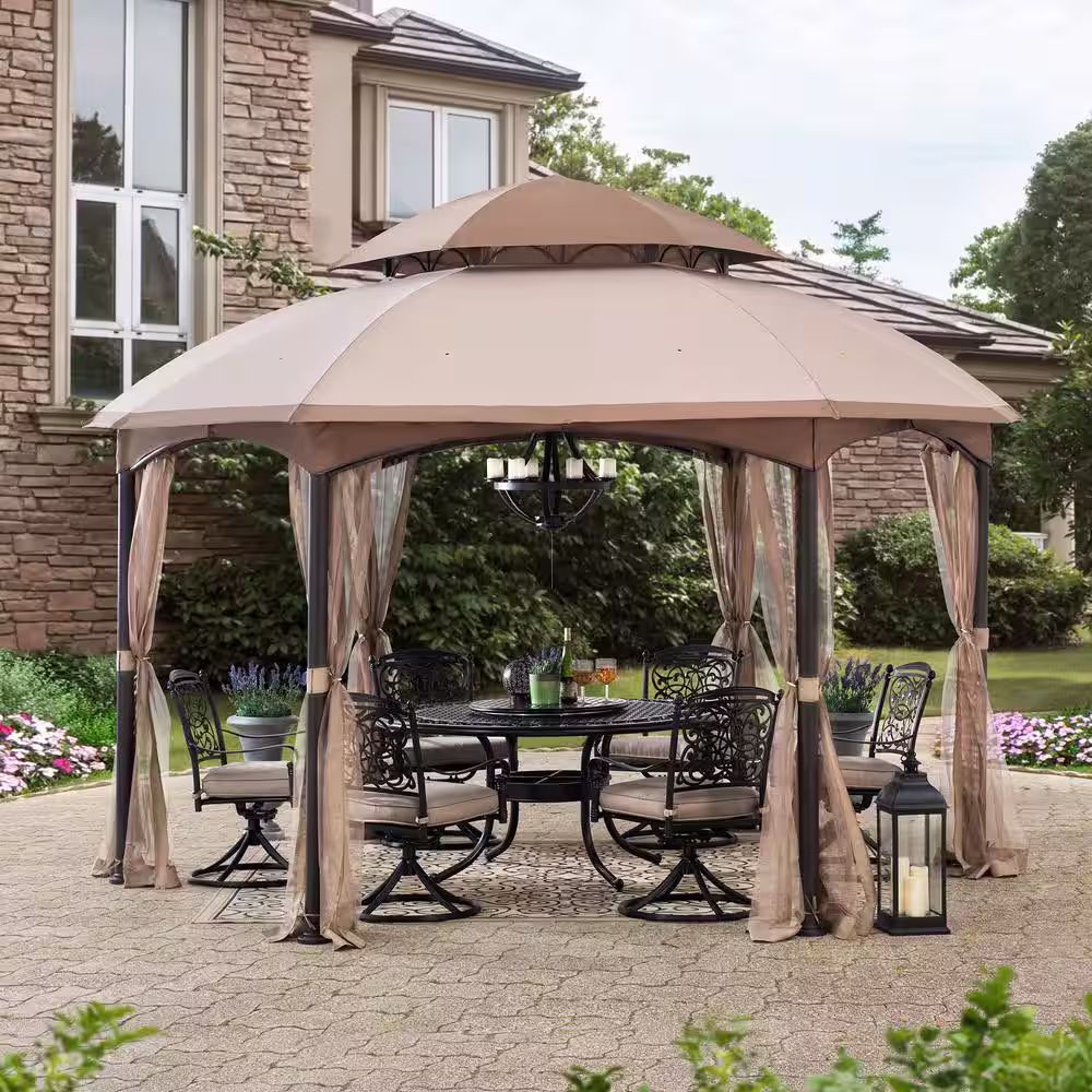 Sunjoy Bourbon 13.5 ft. x 13.5 ft. Brown Steel Gazebo with 2-Tier Tan and Brown Dome Canopy and Mosquito Netting