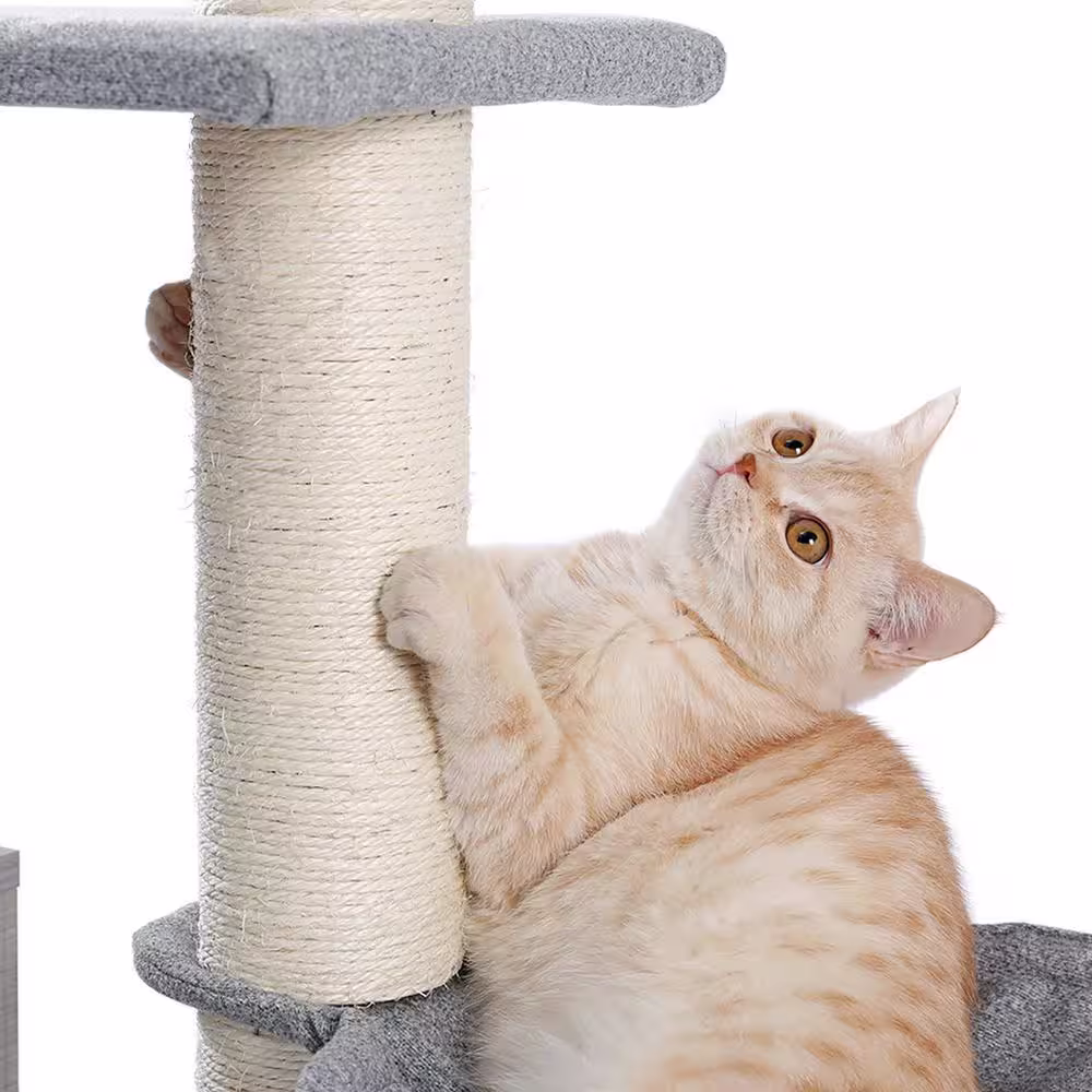 Foobrues Multi-Level Cat Tree Modern Cat Tower Wooden with Scratching Post Condo Hammock and Hanging Ball Grey