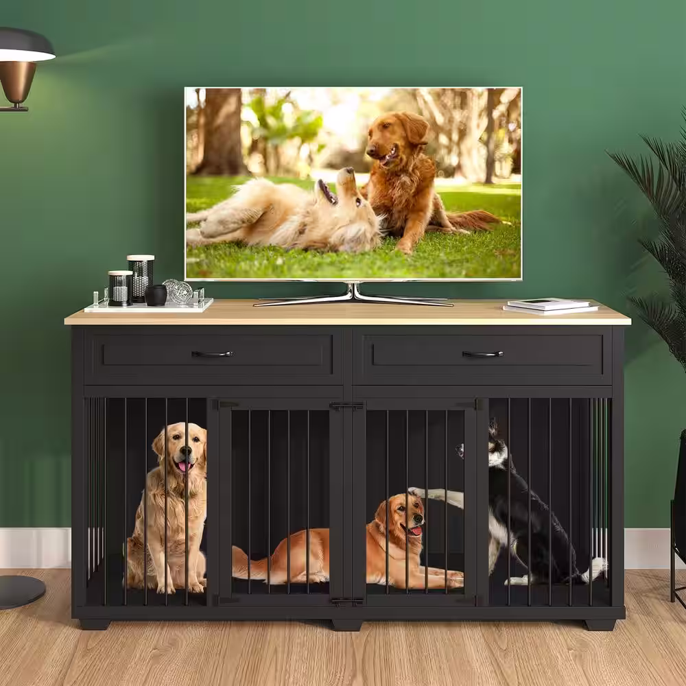 None Black Large Furniture Style Dog Crate with Removable Irons, XL Dog Crates for Extra Large Dogs, Indestructible Dog Crate