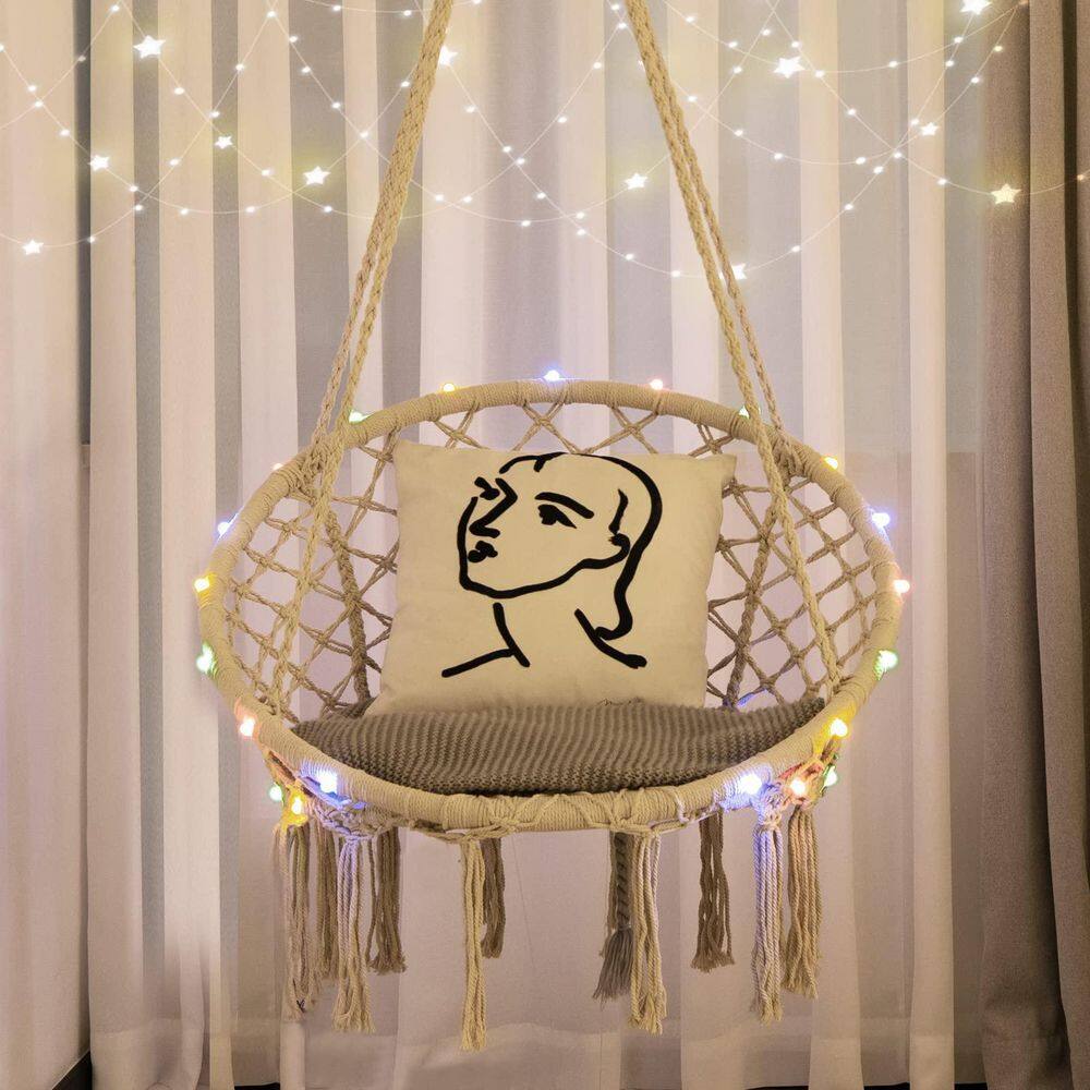 Alpulon 60 in. Indoor/Outdoor Macrame Hammock Chair LED Lights Hanging Swing Chair