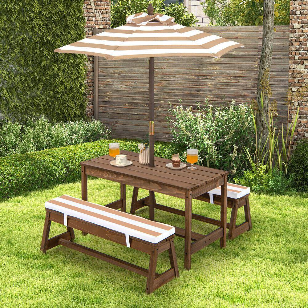 ANGELES HOME 35 in. Brown Rectangle Fir Wood Kids Picnic Table and Chairs with Cushions and Height Adjustable Umbrella