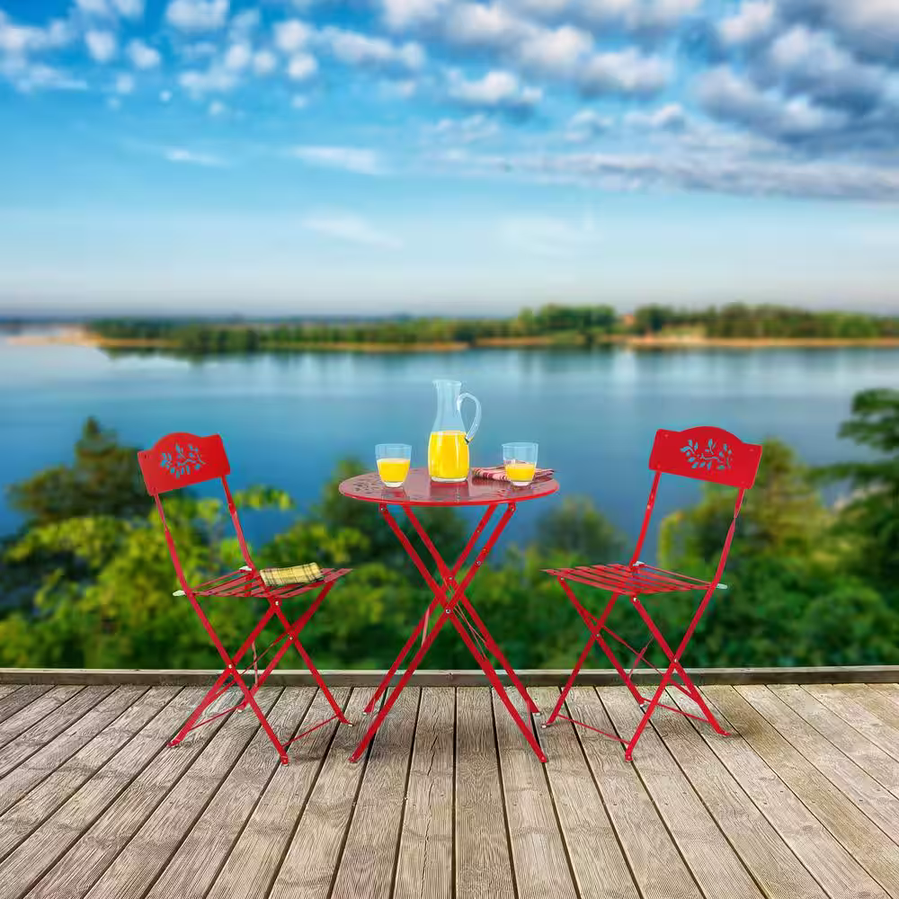 Alpine Corporation 3-Piece Indoor Outdoor Metal Bistro Set Folding Table and Chairs Patio Seating Gray