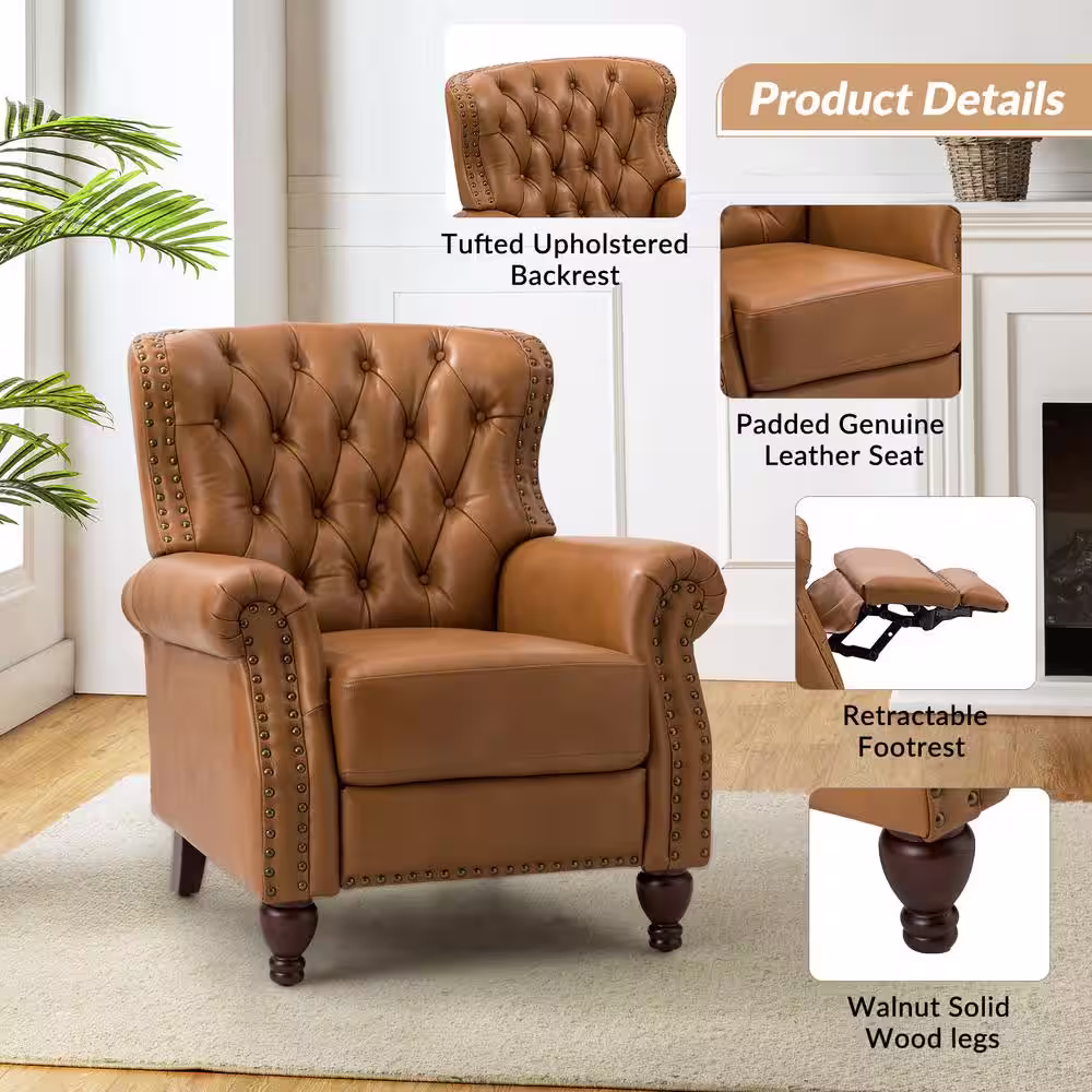 JAYDEN CREATION Isabel Camel Genuine Leather Recliner with Tufted Back and Rolled Arms