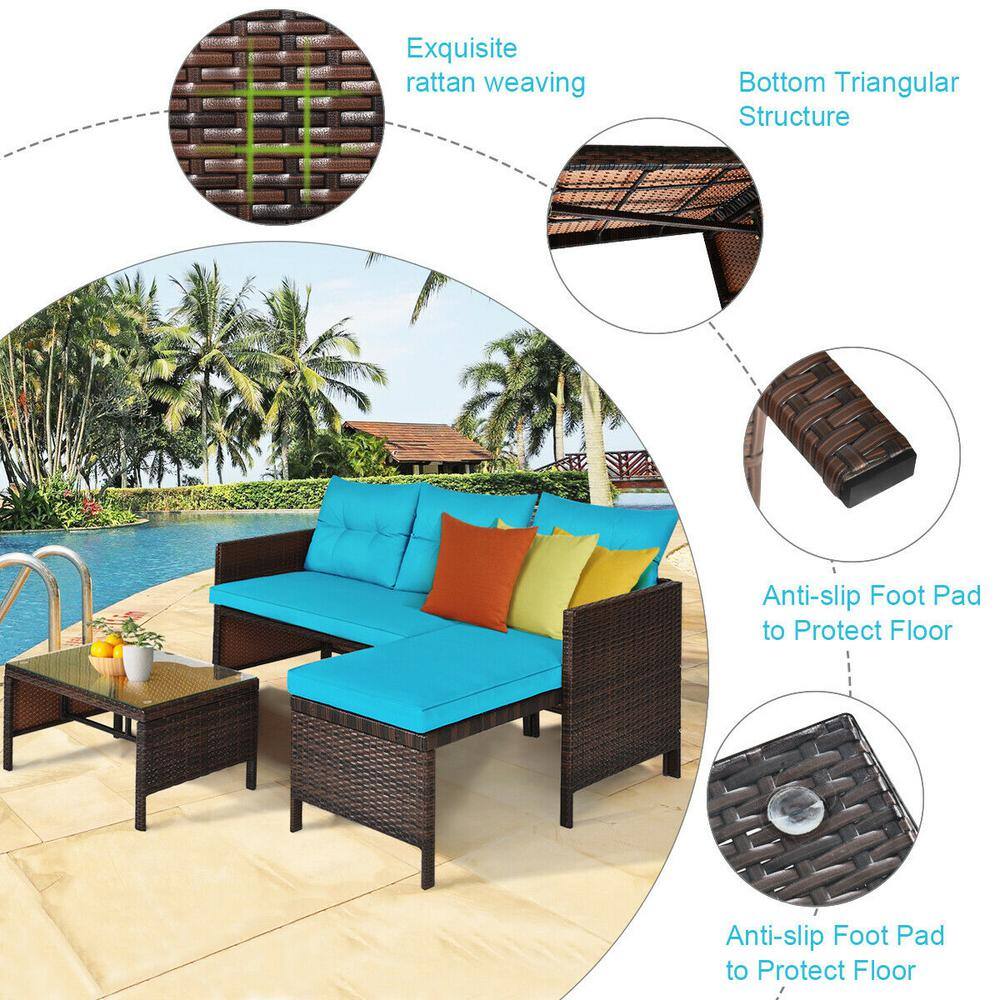 Costway Island 3-Piece Wicker Patio Conversation Set with Turquoise Cushions