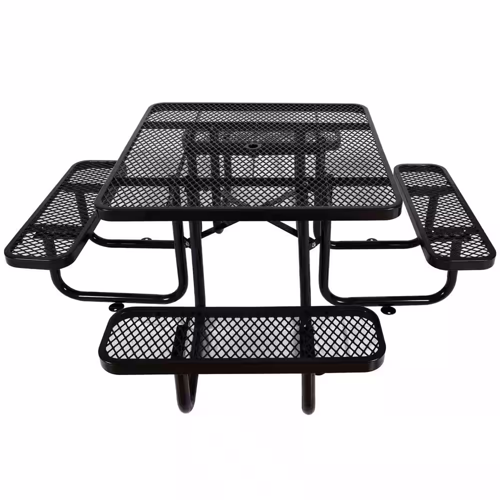 None Black 82.9 in. Square Outdoor Steel Picnic Table with Umbrella Pole in Black