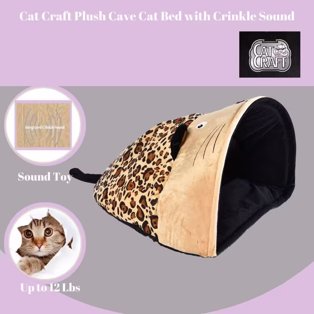 None Plush Cave Cat Bed with Crinkle Sound, Cheetah