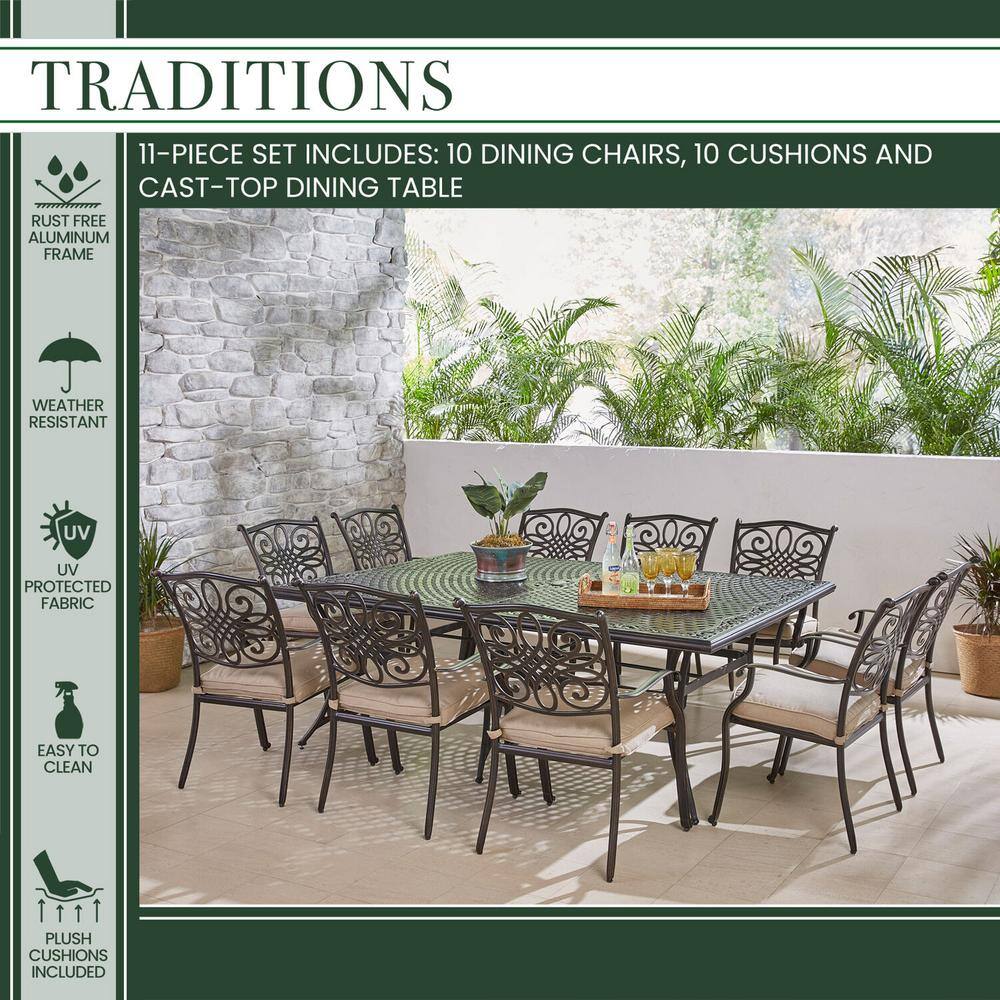 Hanover Traditions 11-Piece Aluminum Outdoor Dining Set with 10 Dining Chairs and Tan Cushions