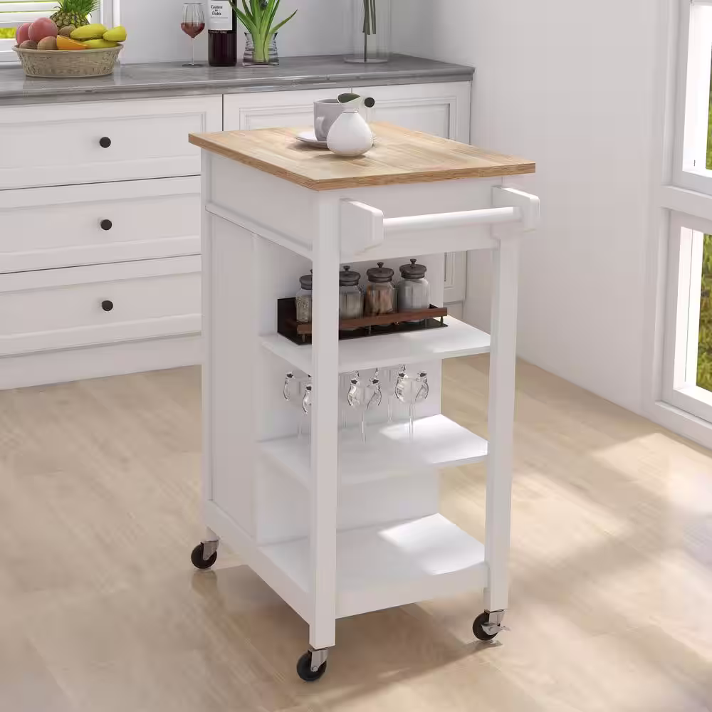 Tileon White Kitchen Island Cart with Rolling Wheel & Wood Table Top & Towel Rack, Kitchen Trolley with Ample Storage Space