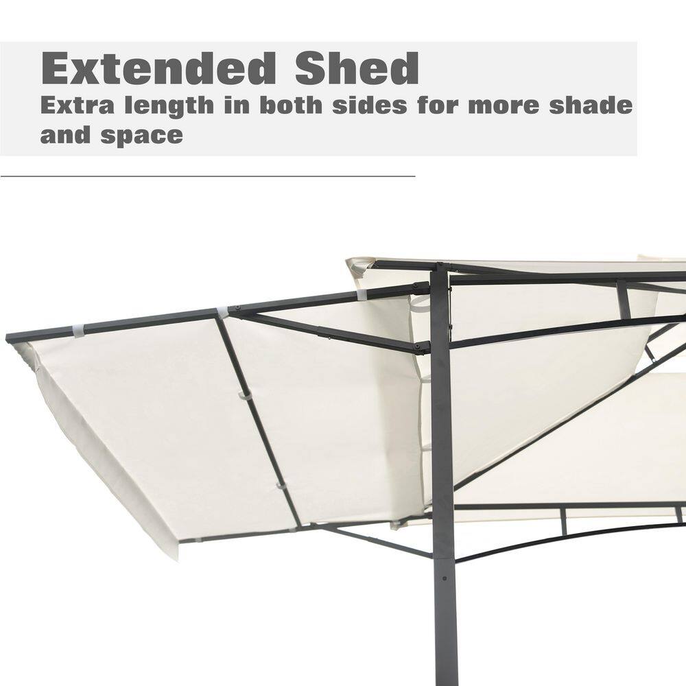 Tunearary 13 ft. x 4.5 ft. Iron Backyard BBQ Grill White Gazebo with Bar Counters Extendable Shades
