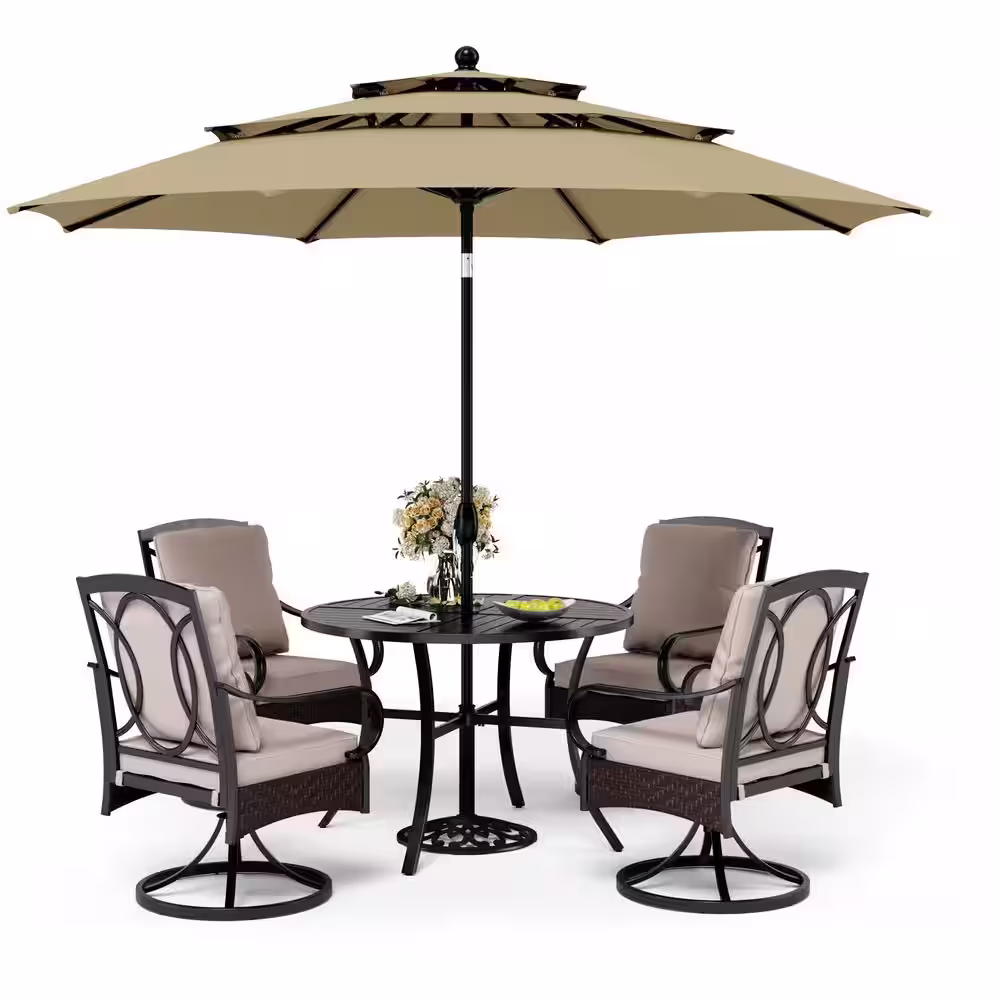 PHI VILLA 6-Piece Metal Patio Outdoor Dining Set with Beige Cushions with 4 Swivel Dining Chairs and Beige Umbrella