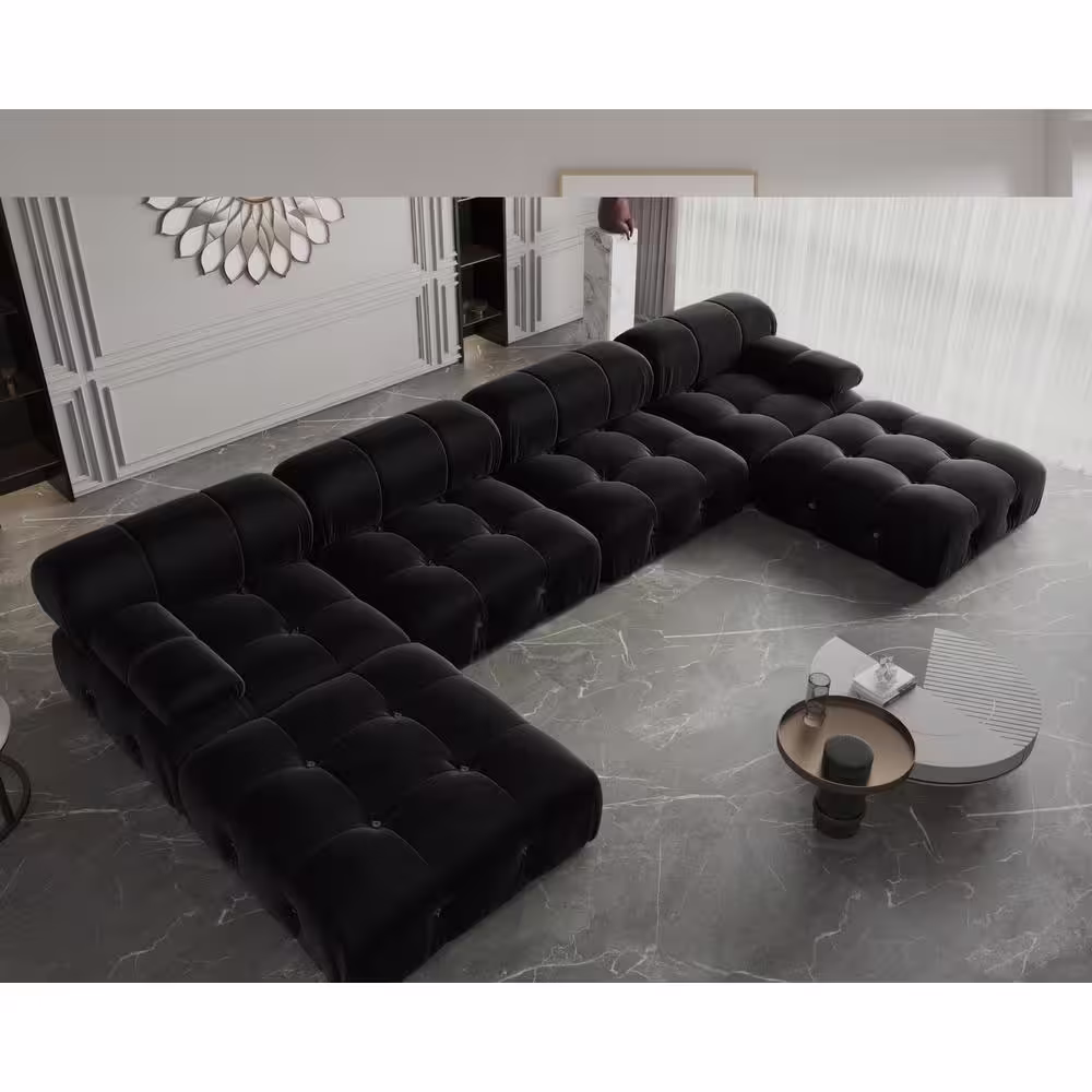 J&E Home 138.6 in. W Square Arm 4-Piece U Shaped Velvet Free Combination Modular Sectional Sofa with Ottoman in Black