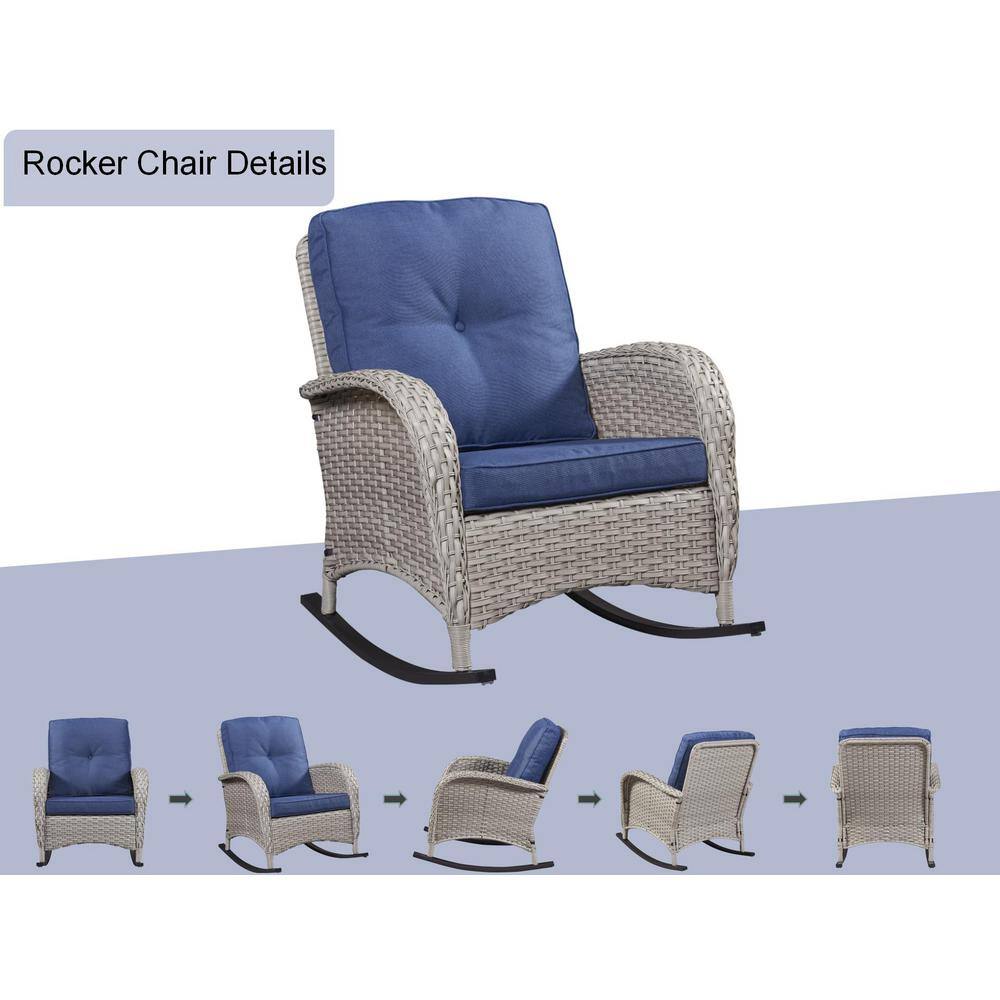 Gymojoy Carlos Grey 3-Piece Wicker Patio Conversation Set with Blue Cushions