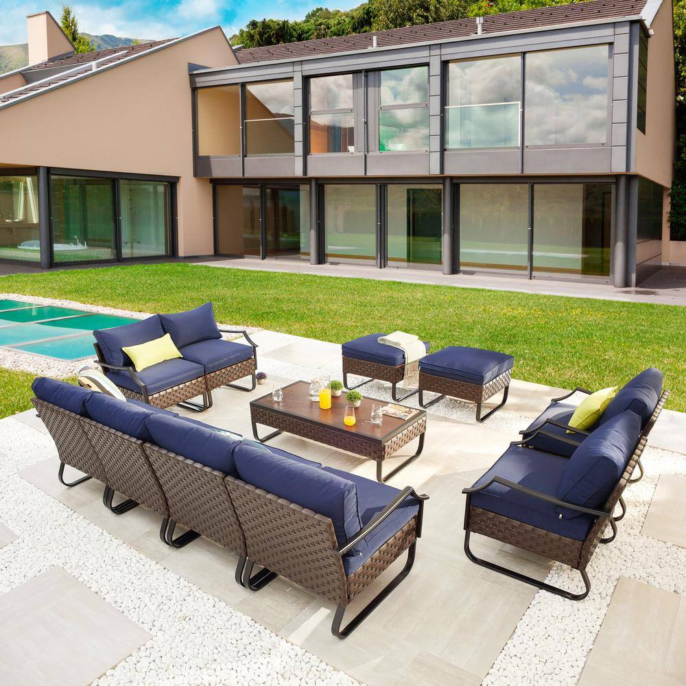 Patio Festival U-Leg 9-Piece Wicker Patio Conversation Set with Blue Cushions