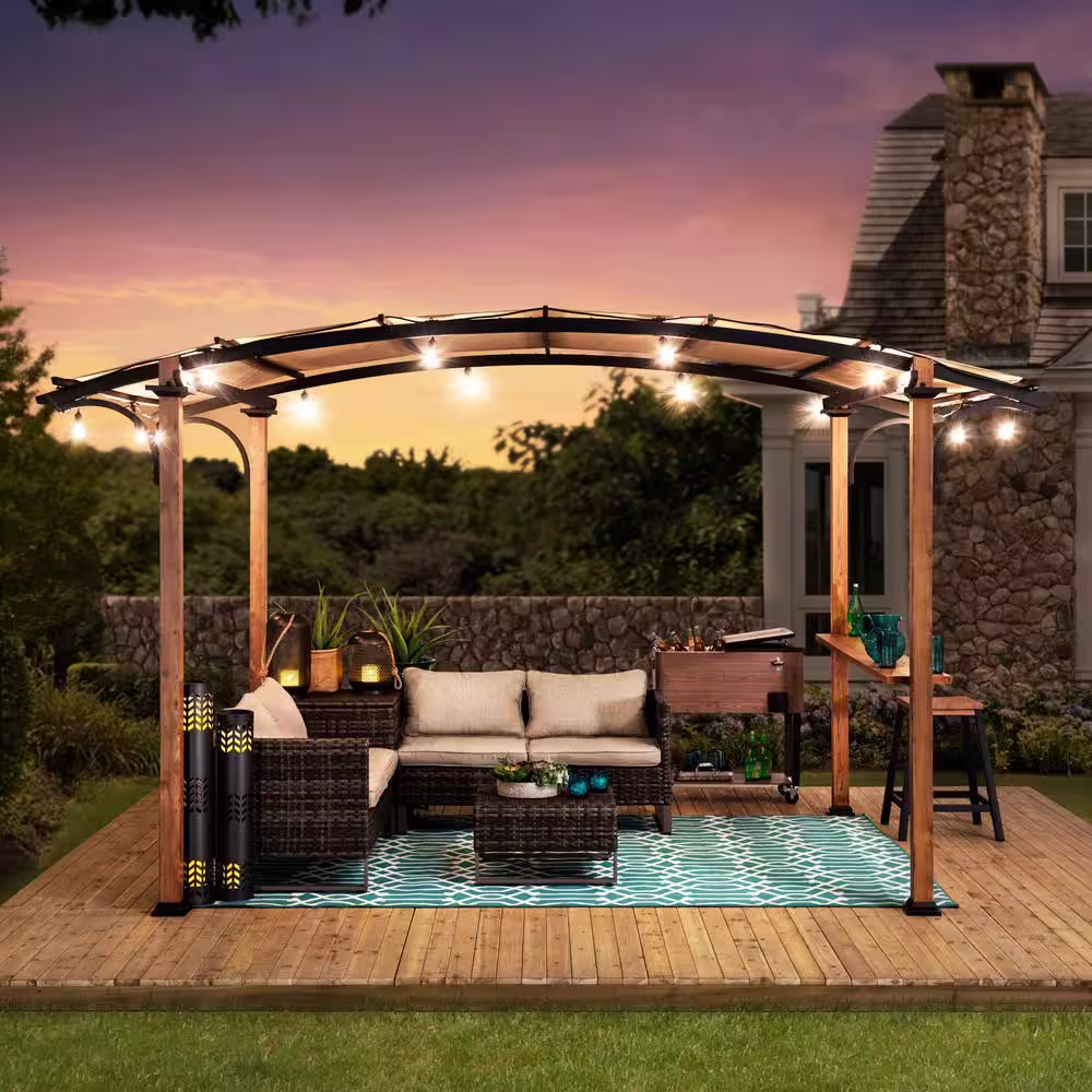 Sunjoy Alamo 8.5 ft. x 13 ft. Steel Arched Pergola with Natural Wood Looking and Tan Shade