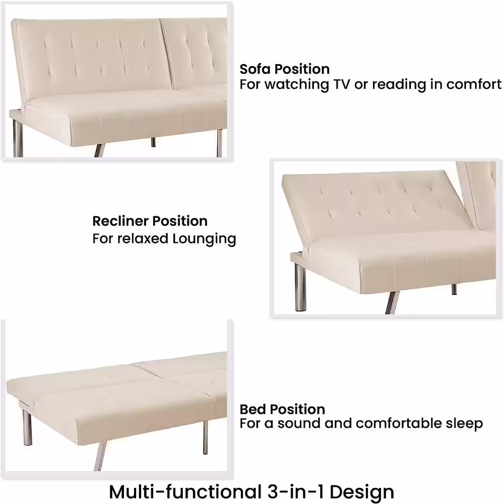 HOMESTOCK Cream, Linen Tufted Split Back Futon Sofa Bed, Couch Bed, Futon Convertible Sofa Bed with Metal Legs