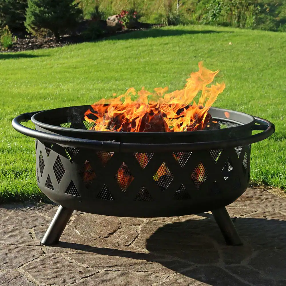 Sunnydaze Decor Black Cross Weave 36 in. x 24 in. Round Steel Wood Burning Fire Pit with Spark Screen