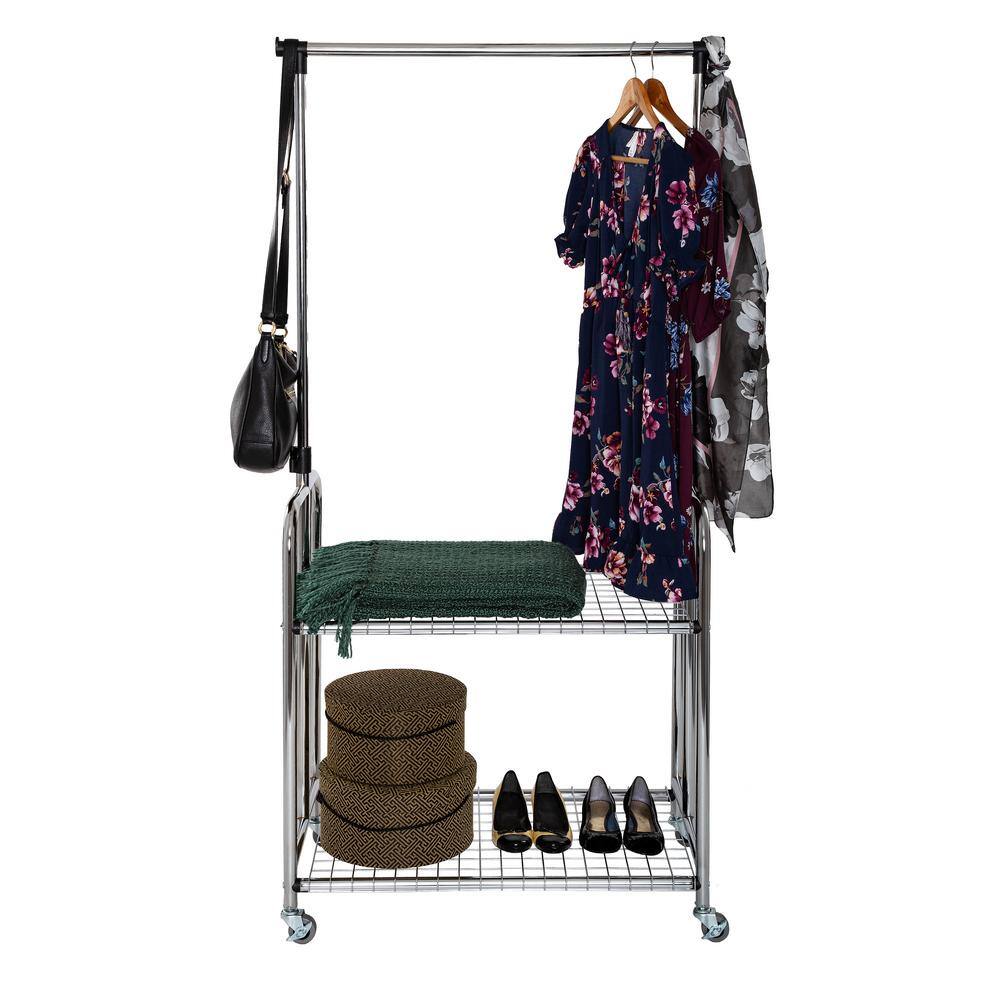 Seville Classics Chrome Plated Steel Height Adjustable 2 Shelf Mobile Garment Rack 33.27 in. W x 18.11 in. D x 65.55 in. H