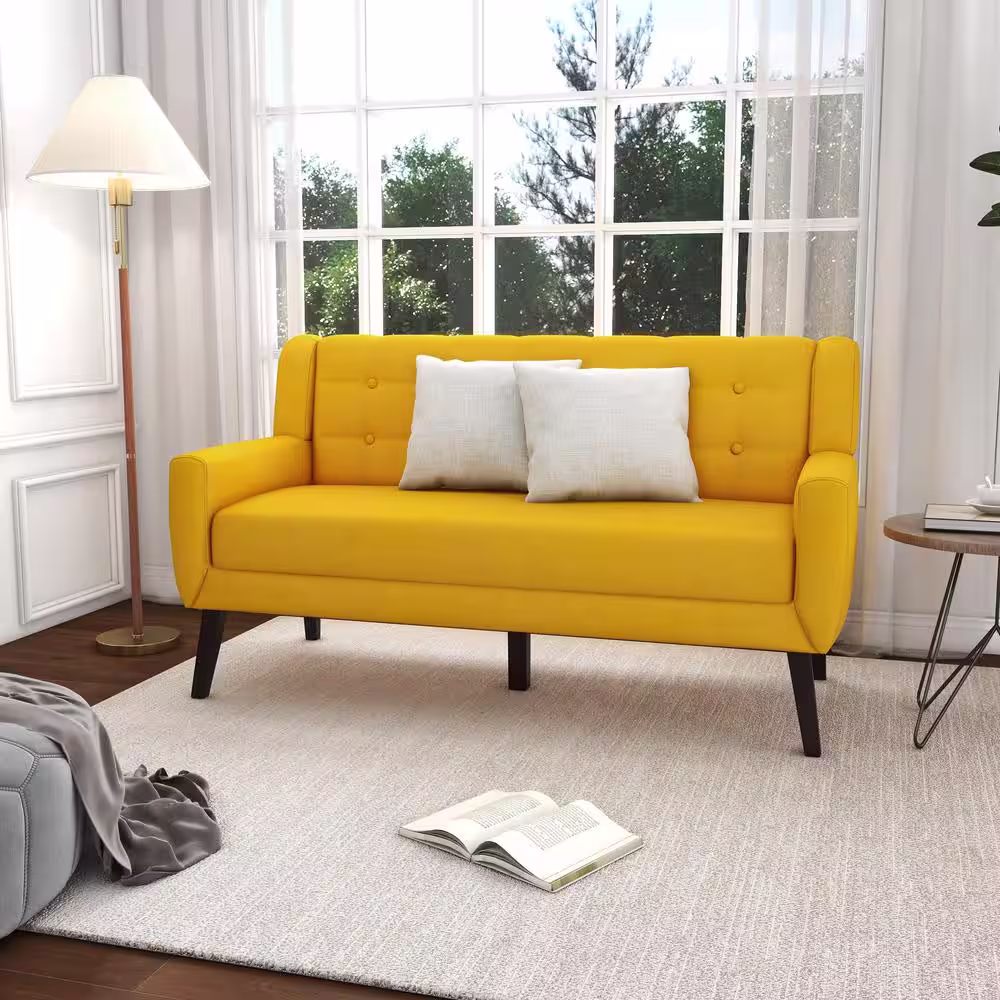 None 63 in.W Modern Straight Arm Linen Fabric Yellow Upholstered Button Loveseat Sofa With Two Pillows