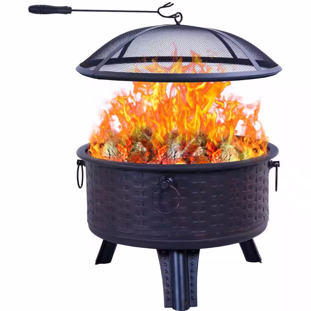 None 26 in. x 23 in. Outdoor Round Wood Burning Fire Pit with Wire Mesh Cover and Poker