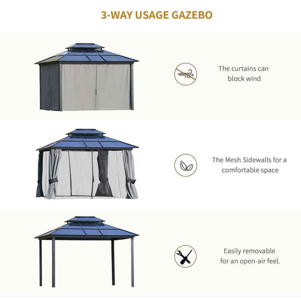 Outsunny 10 ft. x 12 ft. Black Polycarbonate Hardtop Patio Gazebo with Double-Tie Roof and Sidewall Nettings