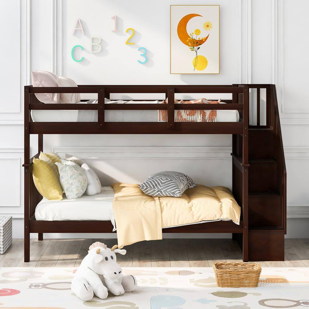 Qualler Hazzard Espresso Twin Over Twin Bunk Bed with Stairs and Shelves