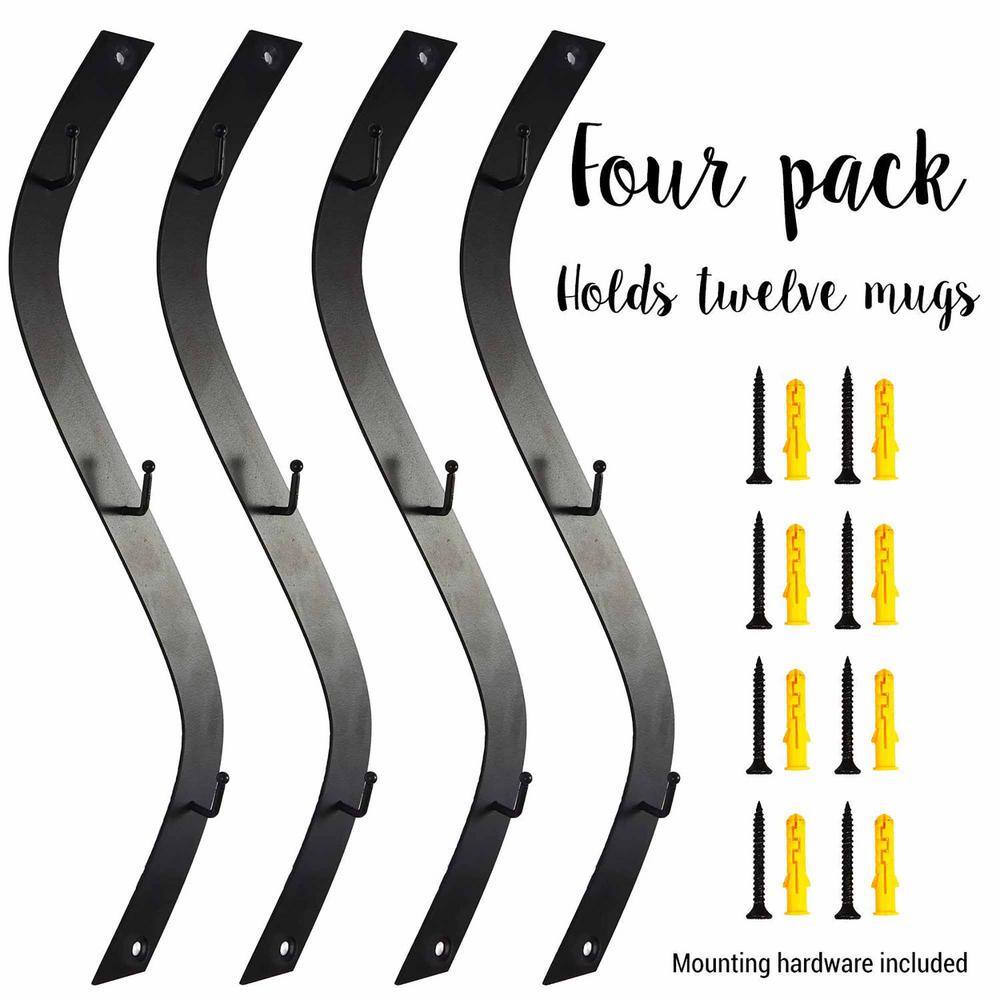 None Black Unique S Curve Design Coffee Cup Rack Wall Hanging Holder - Set of 4