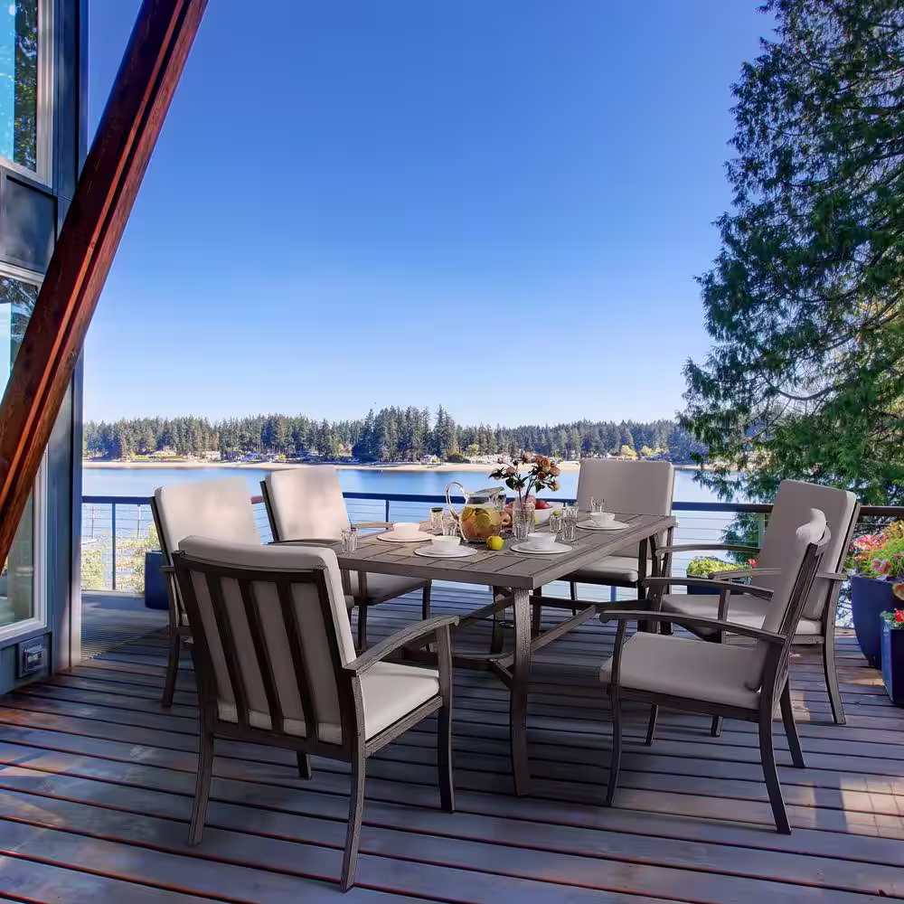 None Brown 7-Piece Aluminum Outdoor Dining Set with Rectangle Table and Gray Cushions