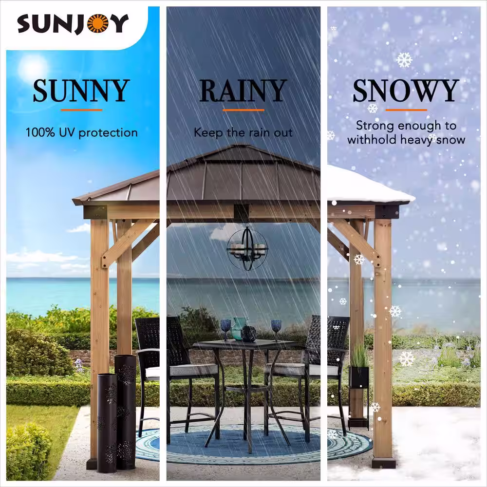 Sunjoy Jalen 9 ft. x 9 ft. Cedar Framed Gazebo with Brown Steel and Polycarbonate Hip Roof Hardtop