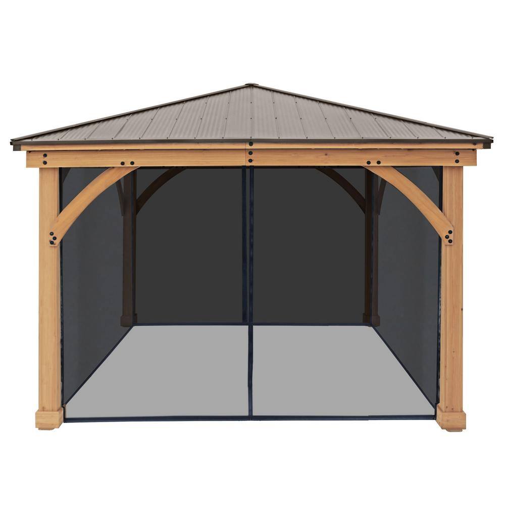 Yardistry Meridian 12 ft. x 12 ft. Premium Cedar Shade Gazebo with Coffee Brown Aluminum Roof and UV resistant Phifer Mesh Kit