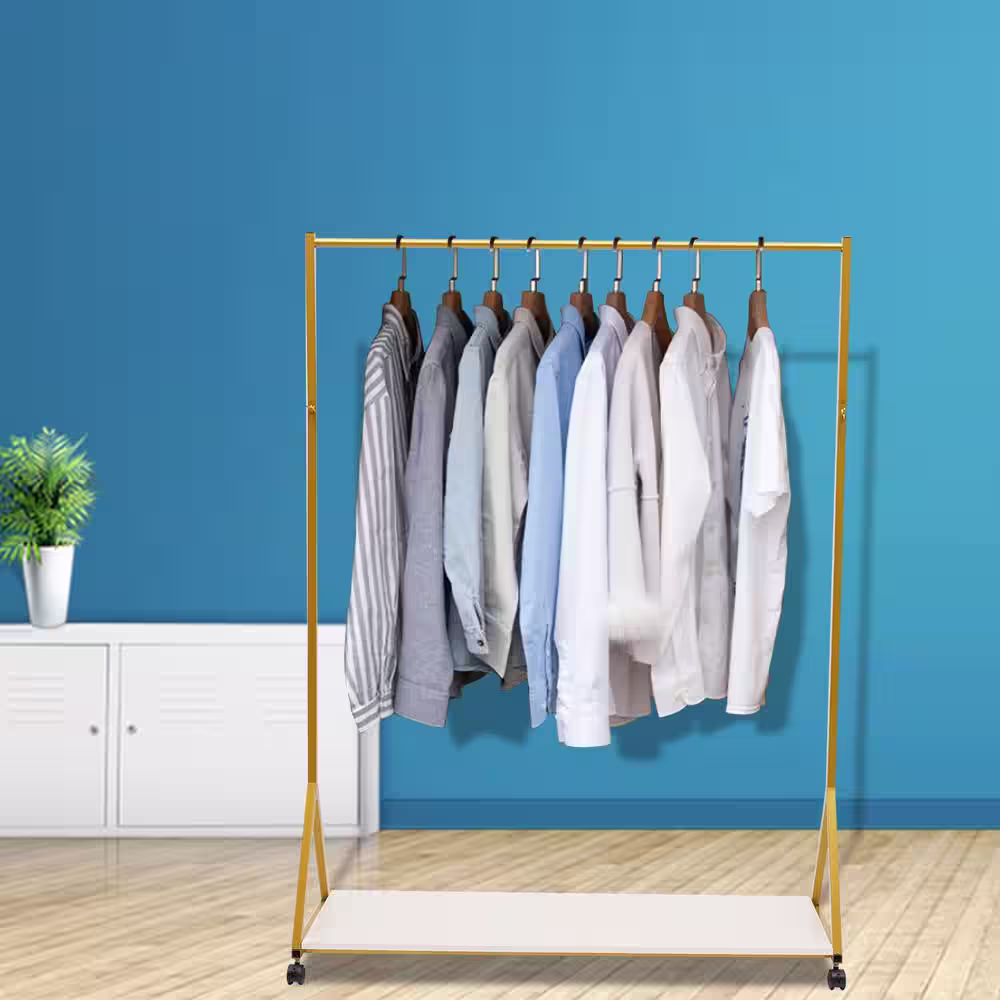 None Freestanding Rolling Gold Metal Clothes Rack with Shelf & Wheels 45.66 in. W x 64.17 in. H