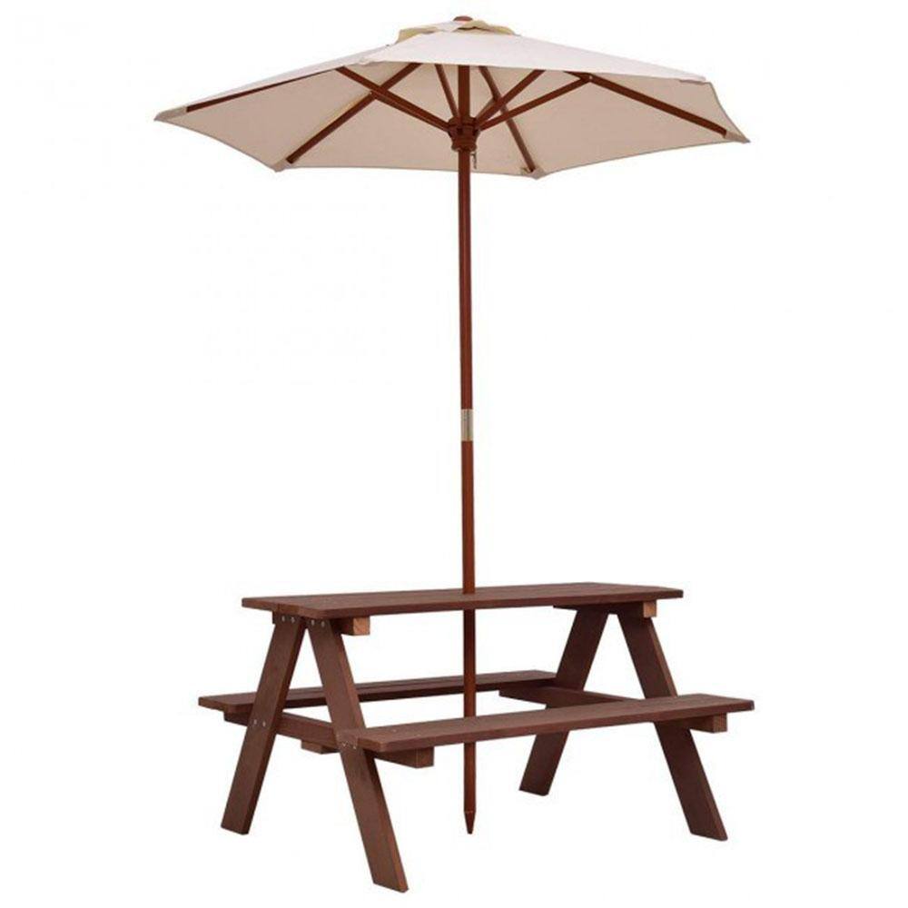 None Outdoor 4-Seat Kid's Wood Picnic Table Bench with Umbrella Outdoor Camping Table Bench Set for Garden Backyard Patio