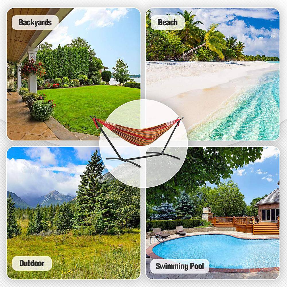 None 10 ft. Fabric Cotton Hammock Bed w/ Space Saving Steel Stand, Tropical (450 lbs. Capacity- Premium Carry Bag Included)