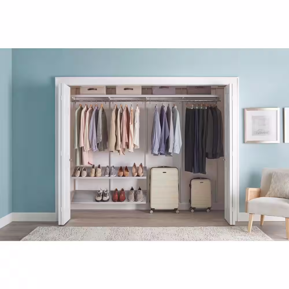 Everbilt Genevieve 8 ft. White Adjustable Closet Organizer Long Hanging Rod with Shoe Rack