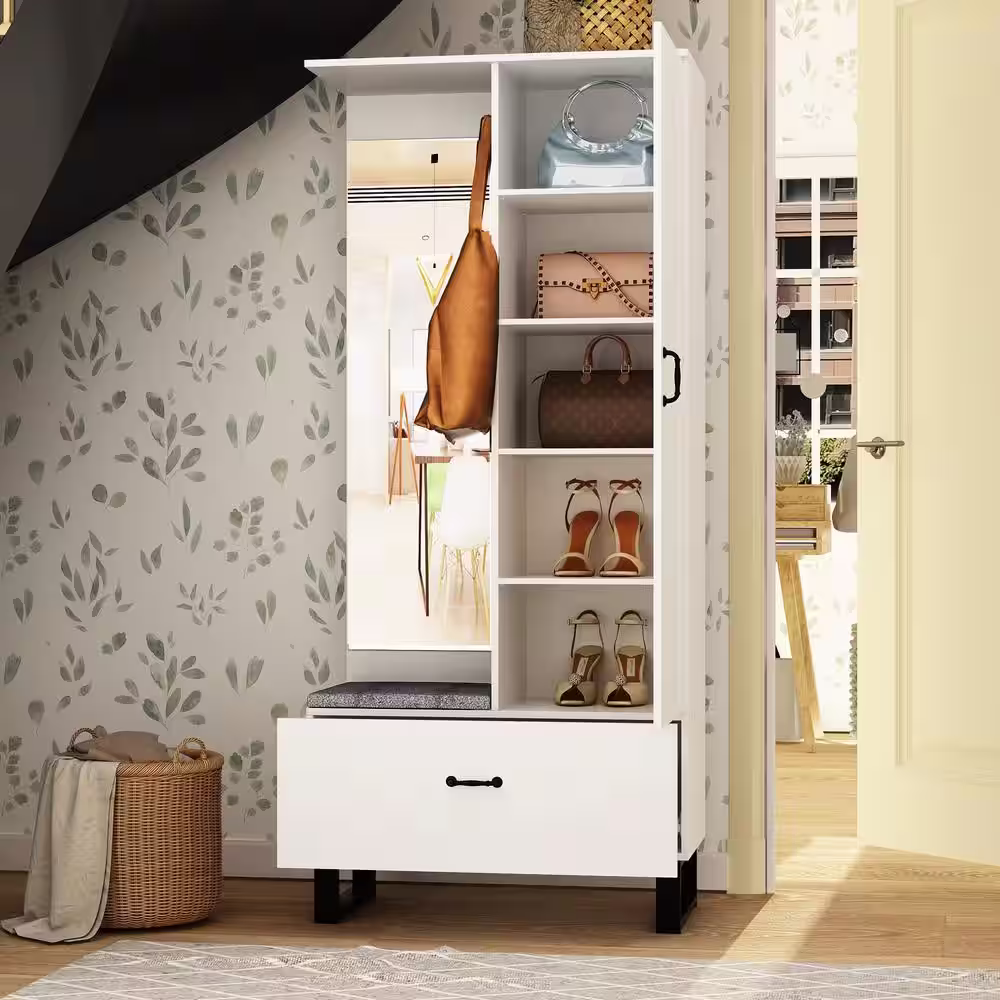 None 70.9 in. H Wood Hall Trees Coat Rack in White With Full-length Mirror Bench Bag Shoe Storage Double Hooks Drawer