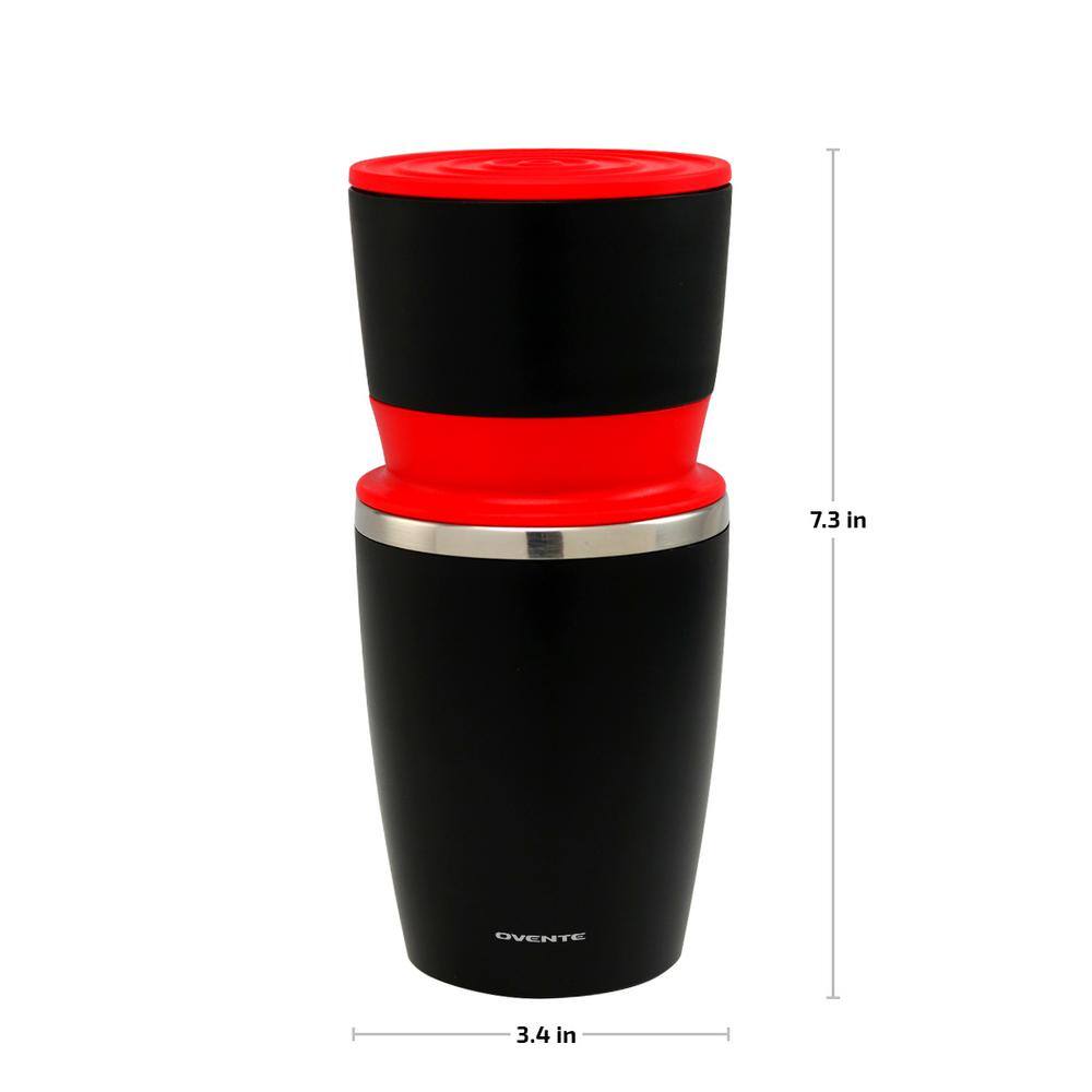 OVENTE Single Serve Red Coffee Grinder, 2-in-1 Carafe Coffee Maker Machine, With Insulated Cup