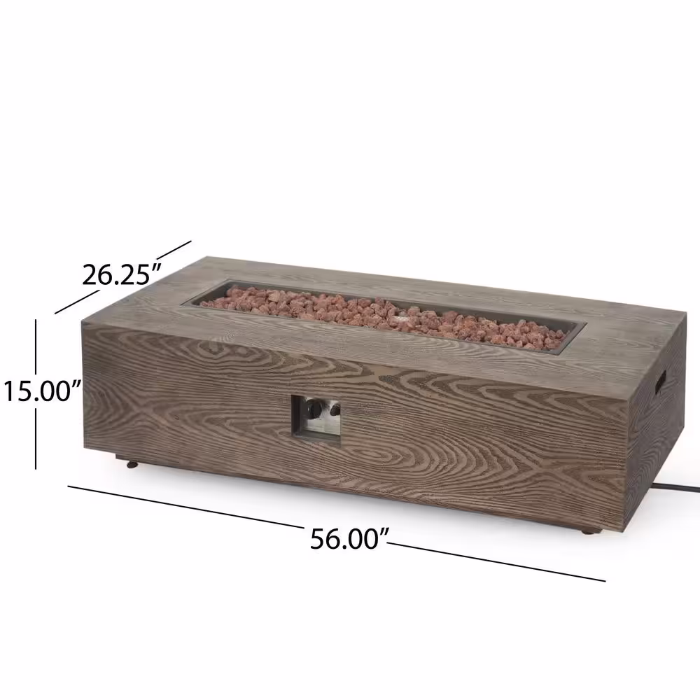 Noble House Mayfair Brown Wood Pattern Metal Rectangular Stone Fire Pit (No Tank Holder)