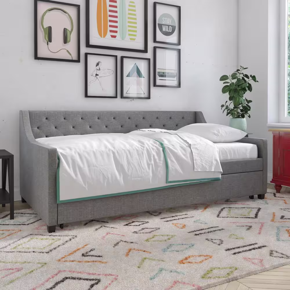 Novogratz Her Majesty Gray Linen Twin Daybed and Trundle