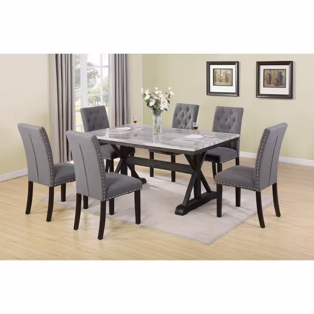 None Gema 7-Piece Faux Marble Dining Set Gray Fabric Chairs.