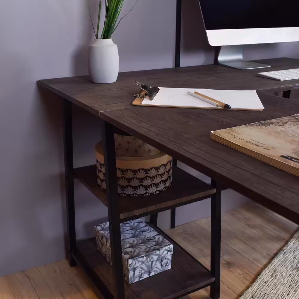 Homy Casa 47 in. L-Shaped Walnut Computer Desk with Shelves