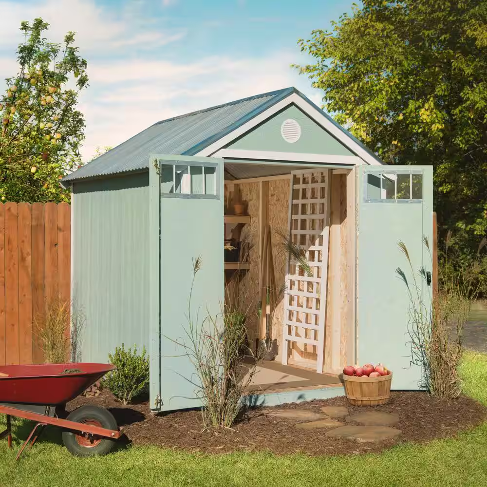 Handy Home Products Professionally Installed Garden Shed 6 ft. x 8 ft. Designer Wood Utility Shed with Galvanized Metal Roof (48 sq. ft.)