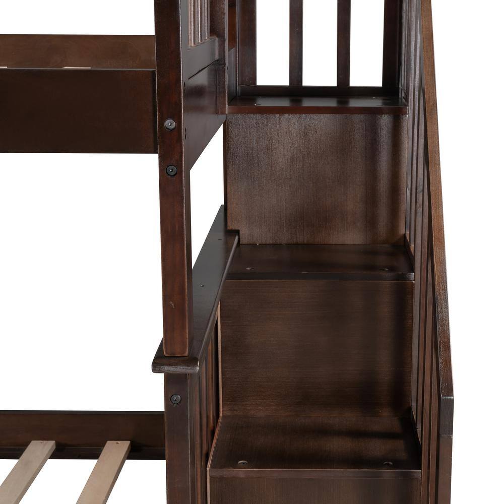 Qualler Hazzard Espresso Twin Over Twin Bunk Bed with Stairs and Shelves