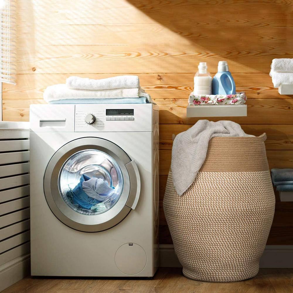 None 19.3 in. W x 19.3 in. D x 25.6 in. H Jute Laundry Basket Hamper White and Jute