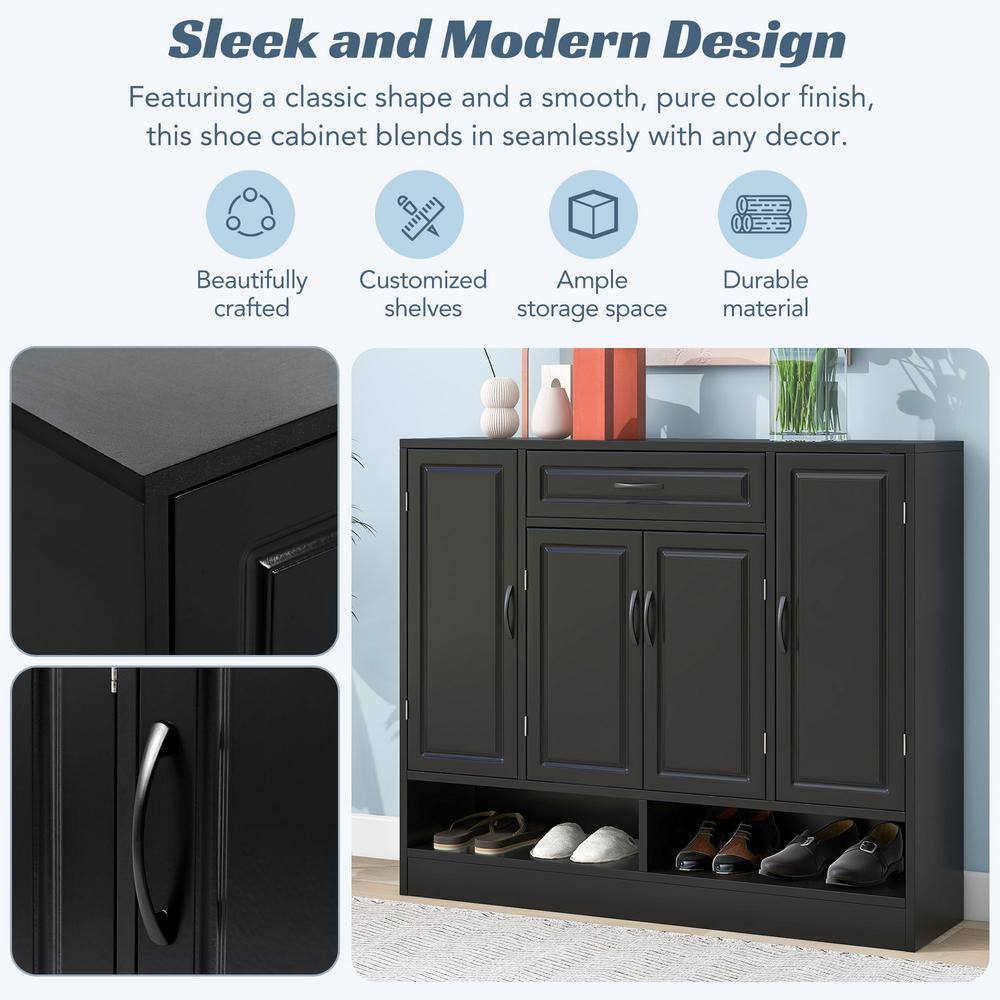 None 47.2 in. H x 39.4 in. W Black Wood 4-Door Shoe Storage Cabinet with Drawer and Open Shelf, Shoe Cabinet for Entryway