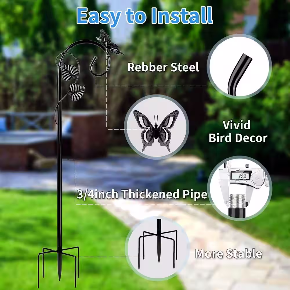 None 66 in. Shepherd Hook Outdoor Hummingbird Feeder Pole Garden Butterfly Ornament with 5 Prong Base Adjustable Height