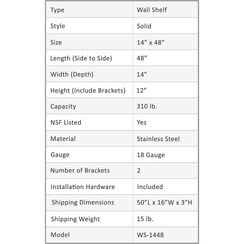 None 14 in. x 48 in. Stainless Steel Wall Shelf. Kitchen, Restaurant, Garage, Laundry, Utility Room Metal Shelf with Brackets