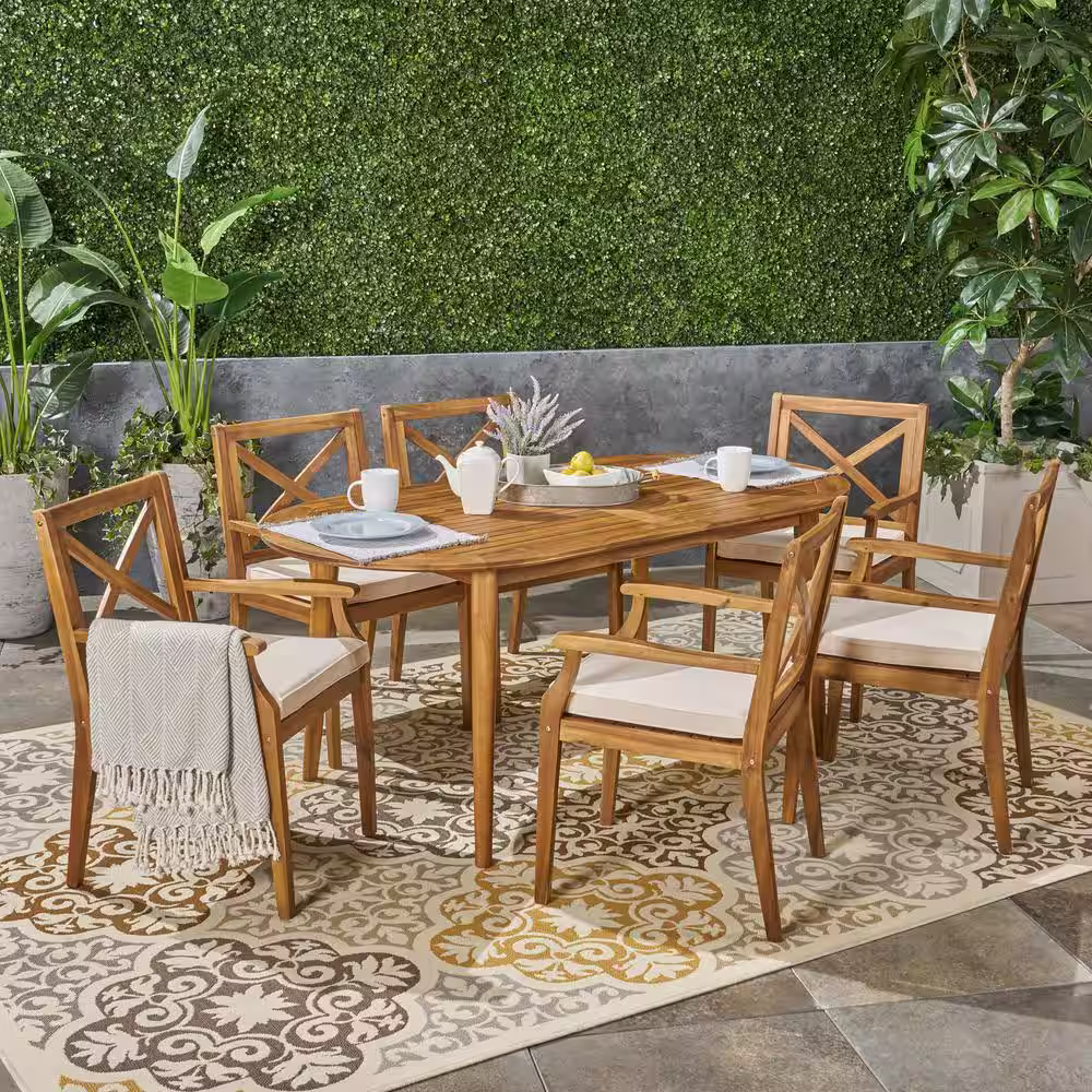 Noble House Pines Teak Brown 7-Piece Wood Outdoor Dining Set with Cream Cushions